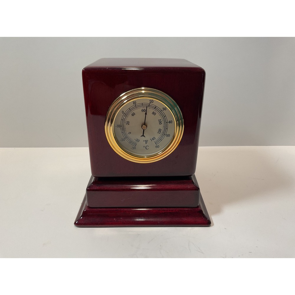 Elegant Desk Clock Thermometer Photo Frame 3 in 1 Cherry‎ Wood Finish